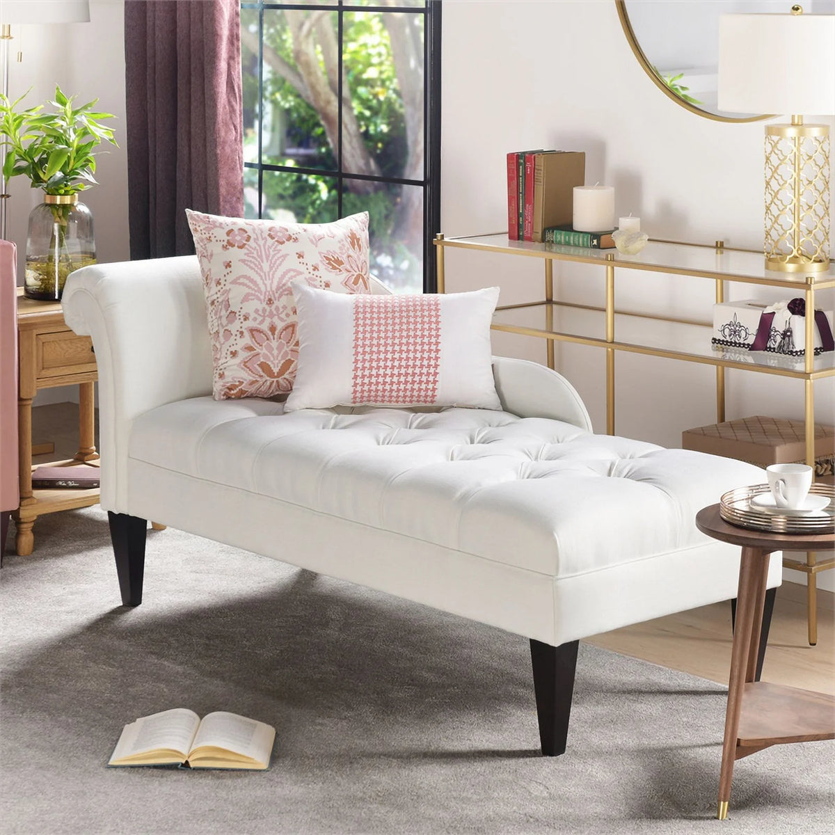Antique White Hardwood Tufted Roll Arm Chaise Lounge V35329