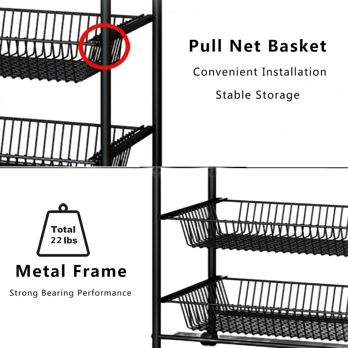 Black 5-Tier Rolling Utility Storage Cart with 3 Basket Drawers A6289