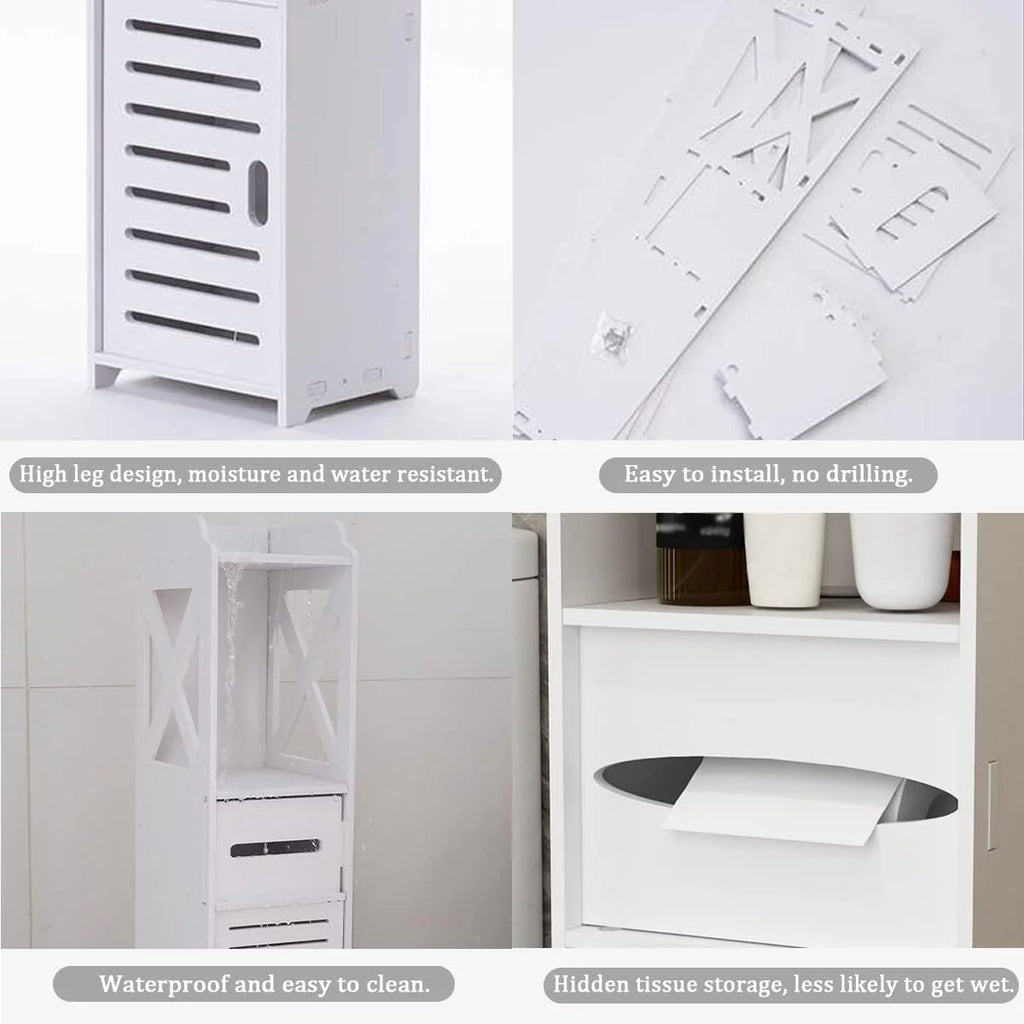 White 4 Tier Bathroom Storage Cabinet with 1 Door and 3 Shelves V830867