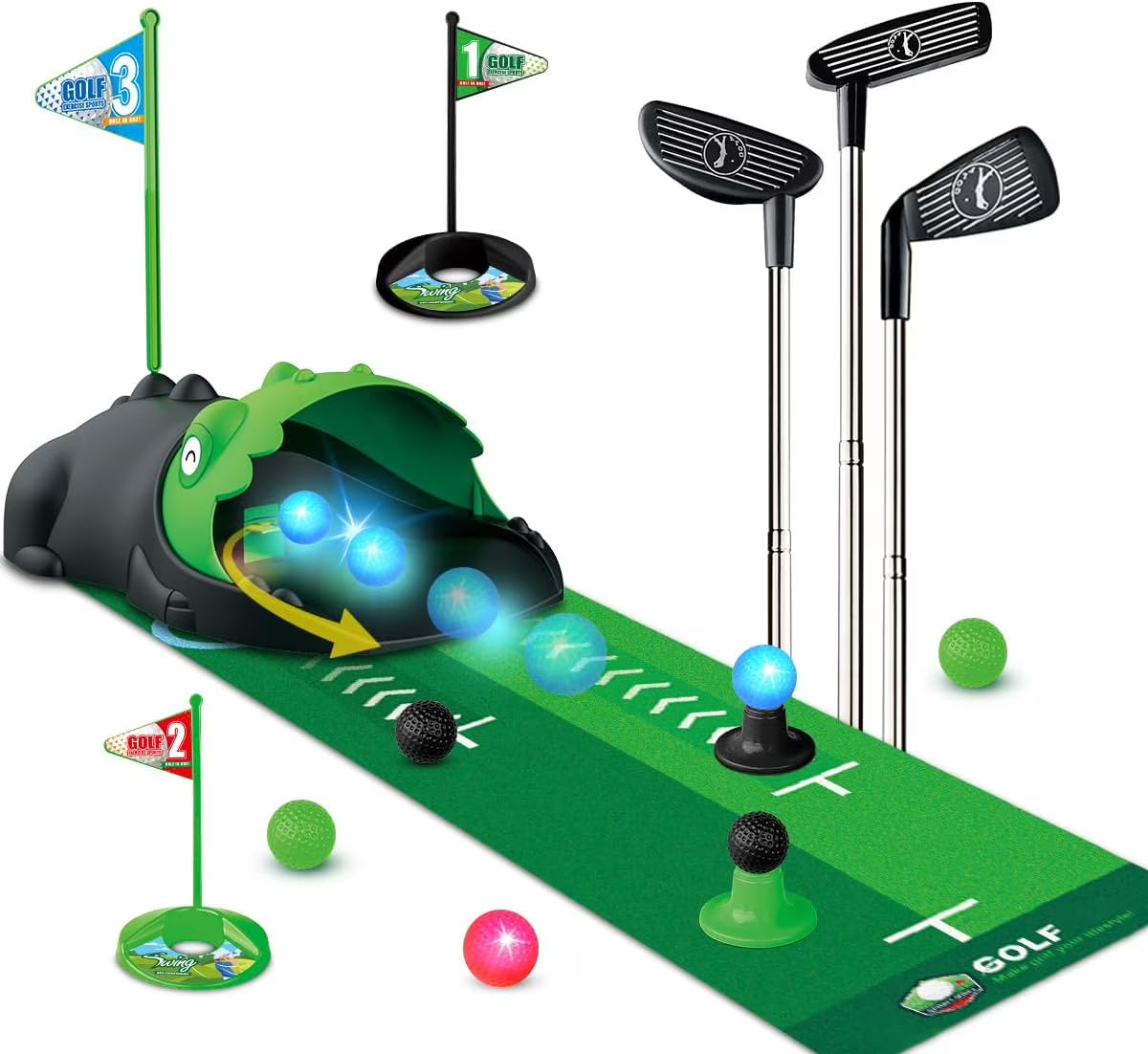 Kids Toy Golf Set with Dinosaur Automatic Golf Returner, Putting Mat, Indoor Outdoor Sports Toys O476