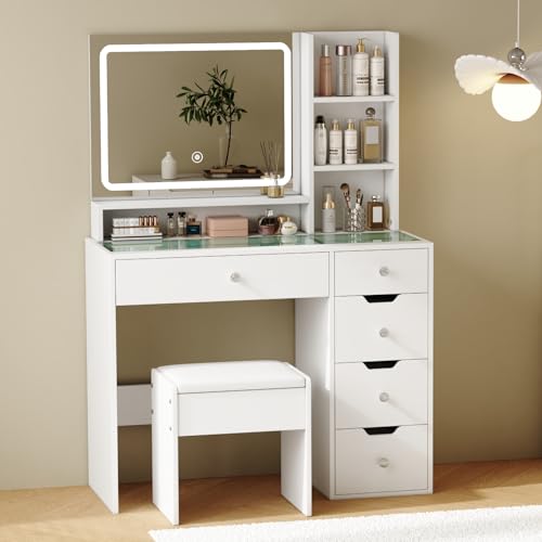 White Vanity Desk with Mirror and LED Lights, 5 Drawers, Stool T931878