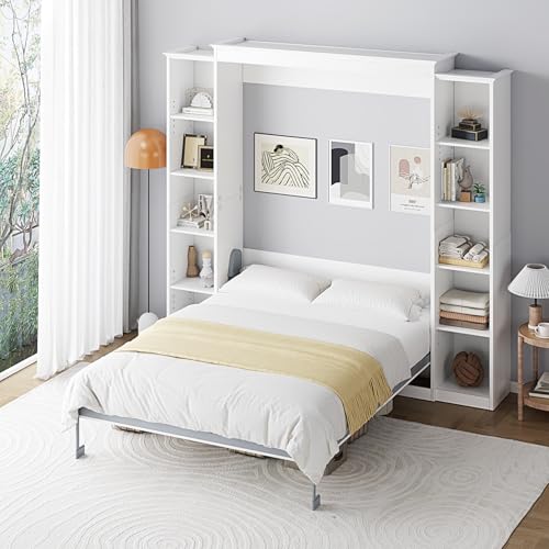 White Queen Murphy Bed Cabinet with 5-Tier Adjustable Storage Shelves X747