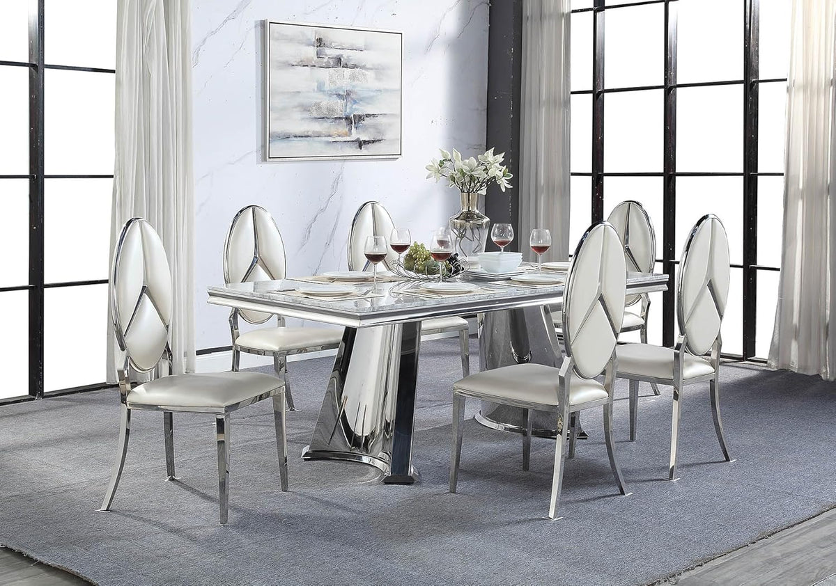 Faux Marble Top and Mirrored Silver Dining Table E81050