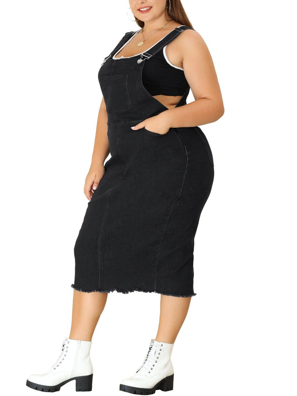 Plus Size Bodycon Raw Hem Denim Midi Overall Dresses K6745