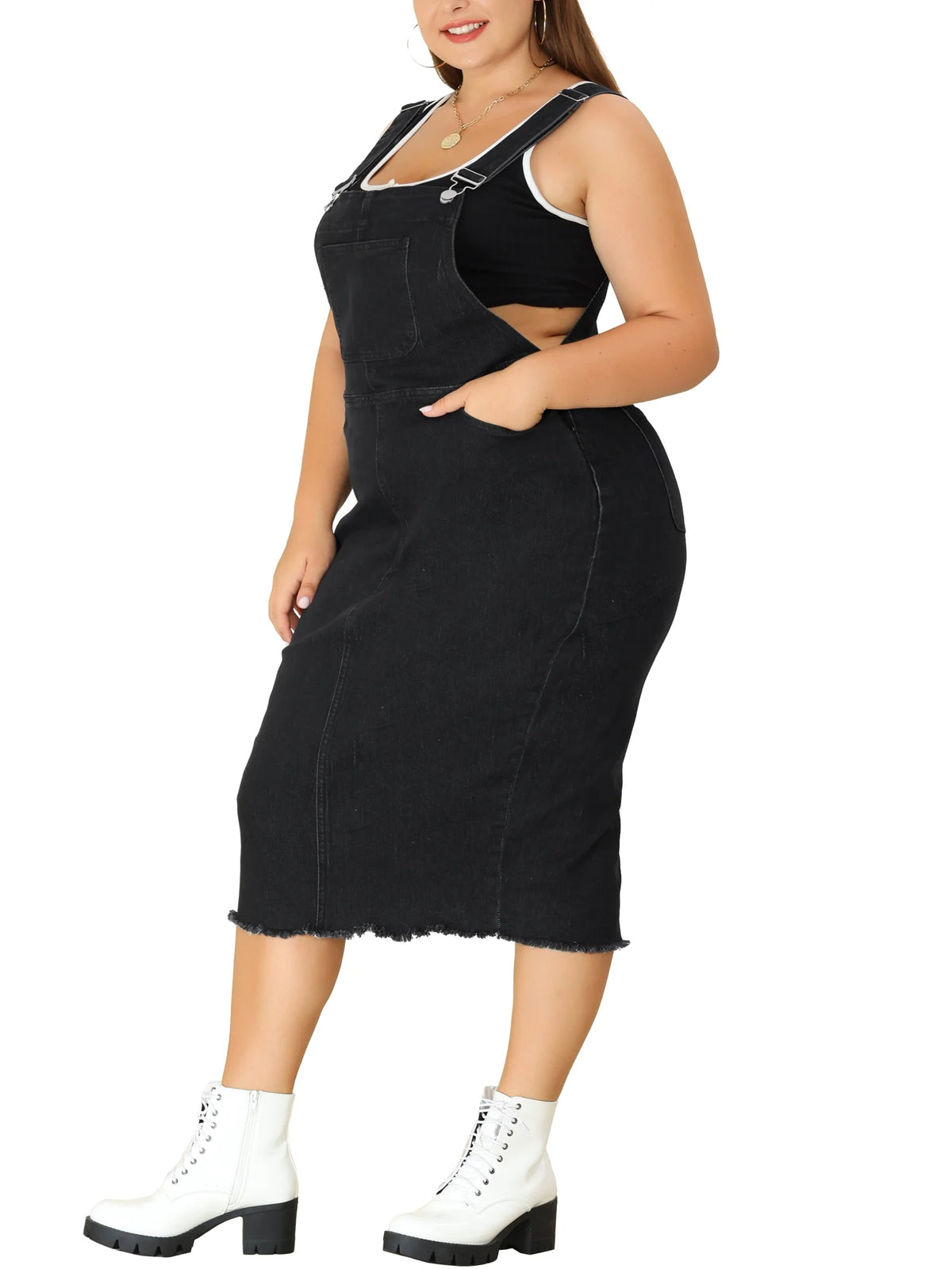 Plus Size Bodycon Raw Hem Denim Midi Overall Dresses K6745