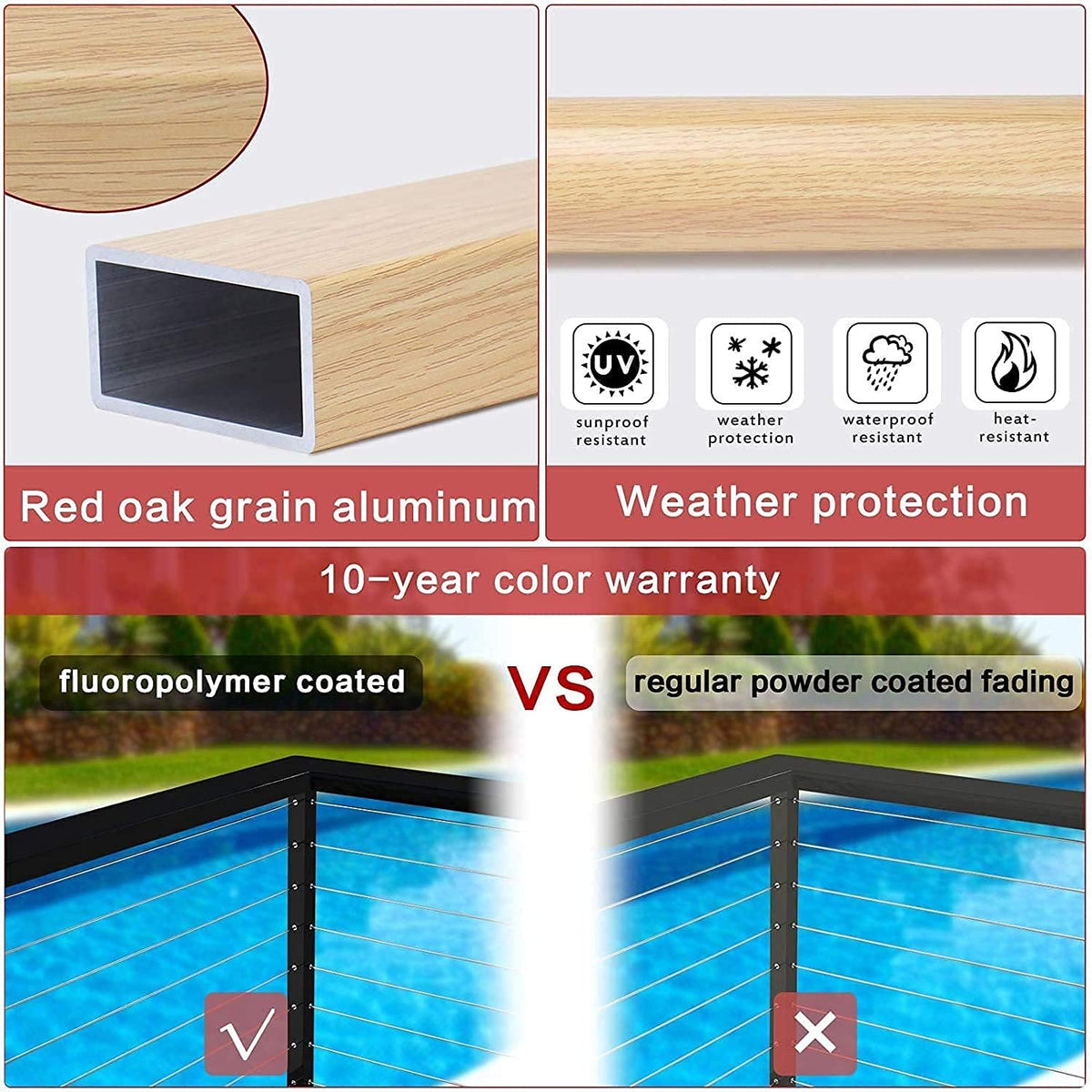 3.3ft Aluminum Cable Railing Handrail with Red Oak Wood Grain Bracket Hardware I510904