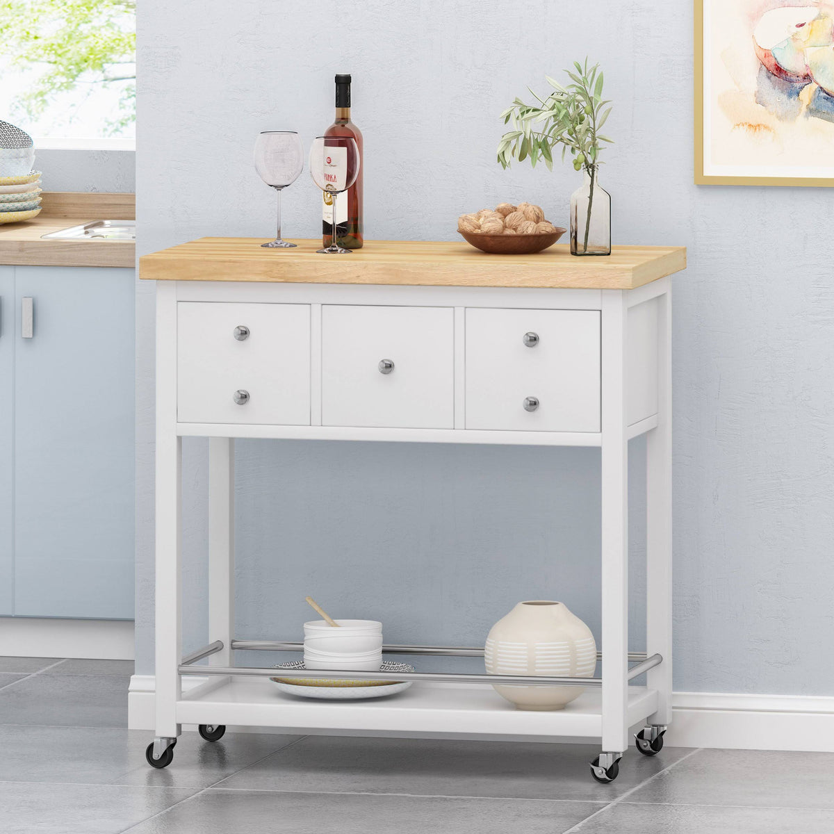 White Natural Kitchen Cart with Wheels N191004