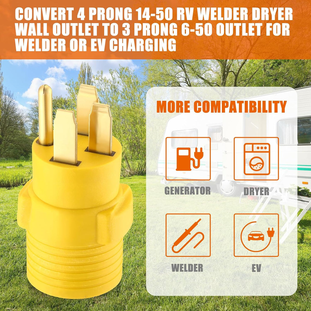 Welder Adapter, NEMA 14-50P Male to 6-50R Female, 50 Amp 4 Prong to 3 Prong I330202