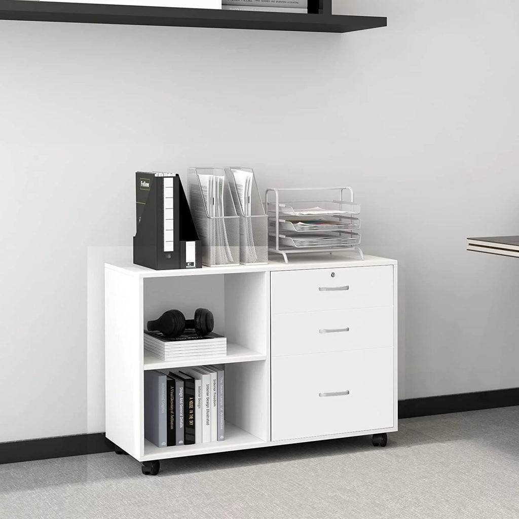 White 3 Drawer Wood File Cabinet with Storage Shelves A354