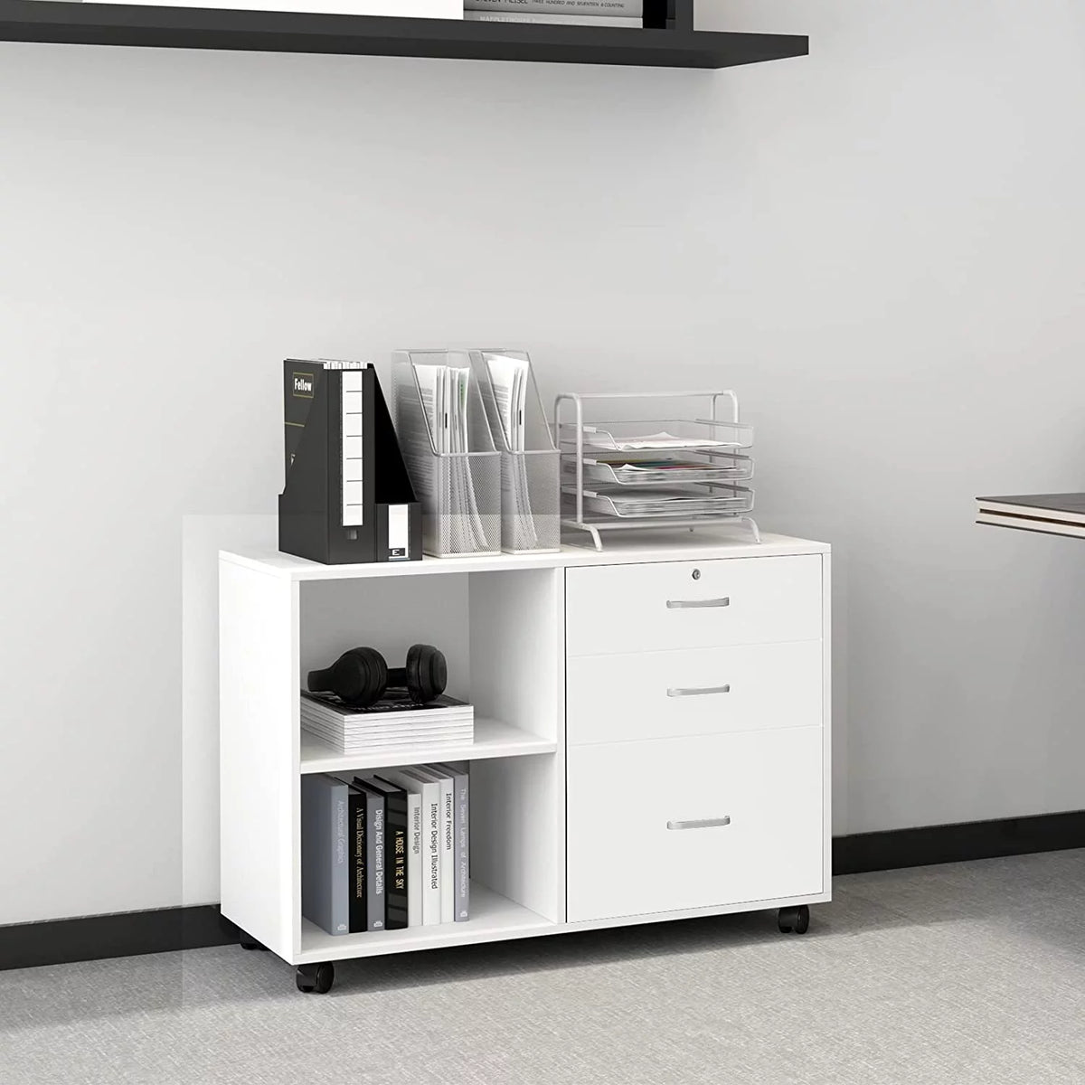 White 3 Drawer Wood File Cabinet with Storage Shelves A354