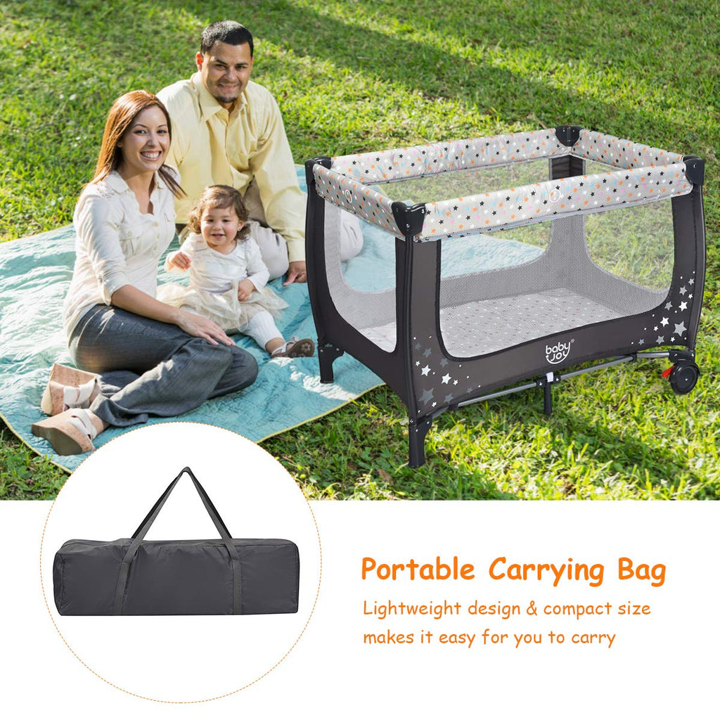 Pack and Play Foldable Baby Playard with Bassinet Travel Baby Crib Gray R5097