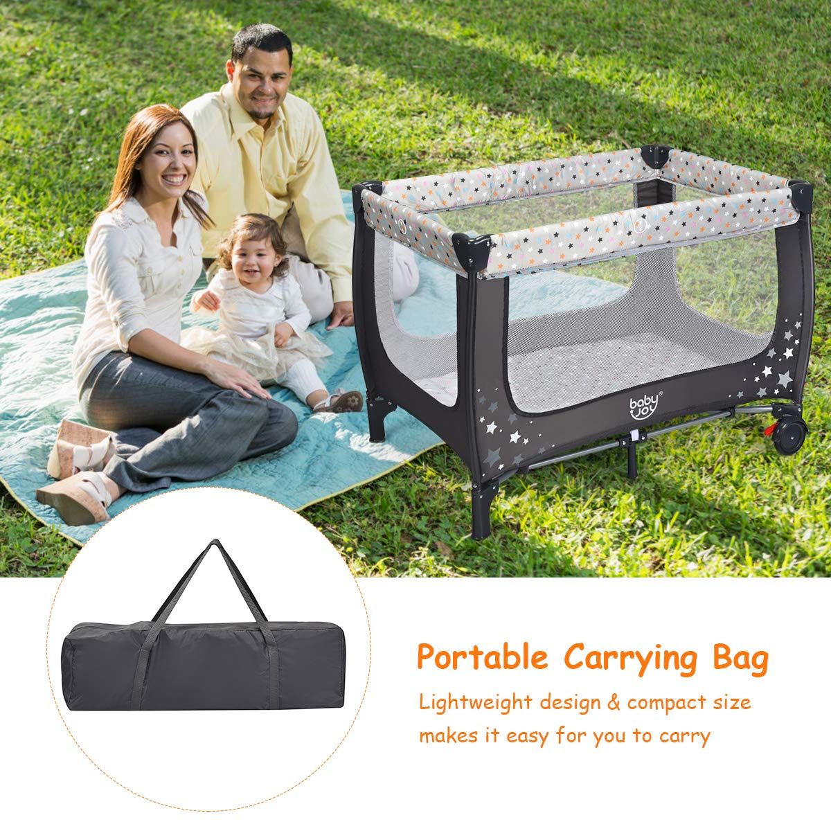 Pack and Play Foldable Baby Playard with Bassinet Travel Baby Crib Gray R5097