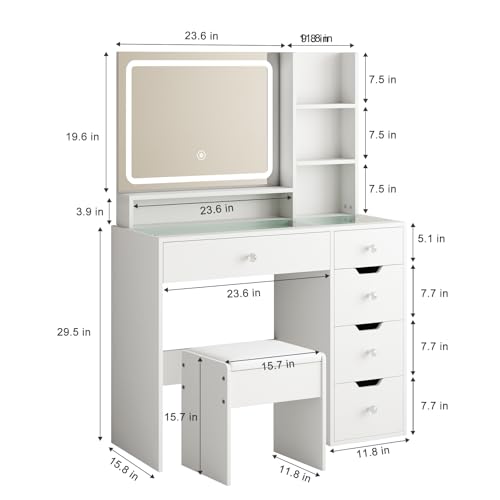 White Vanity Desk with Mirror and LED Lights, 5 Drawers, Stool T931878