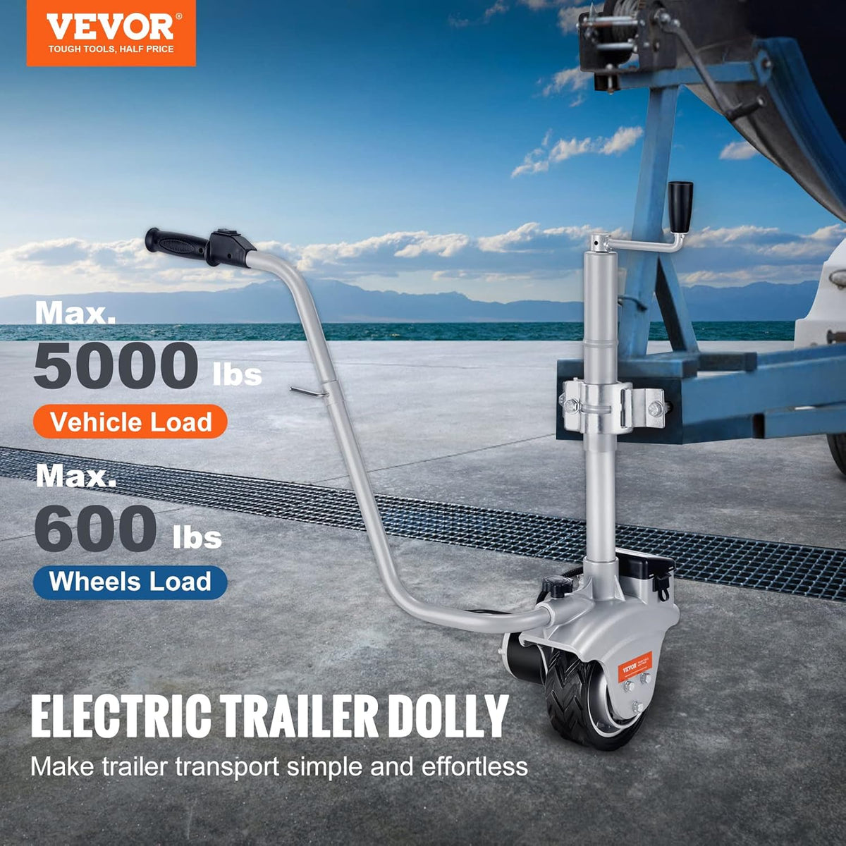 Electric Trailer Dolly, 5000lbs Towing Capacity, 350W 12V Trailer Jockey Wheel with 8'' Rubber Tire L73950