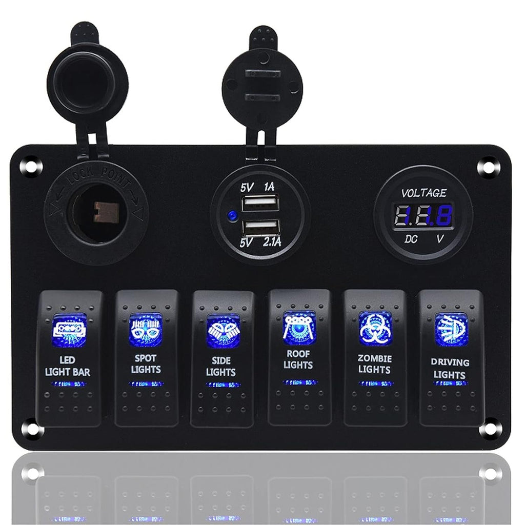 Waterproof Rocker Marine Switch Panel with USB, Blue LED, Pack of 2 W731