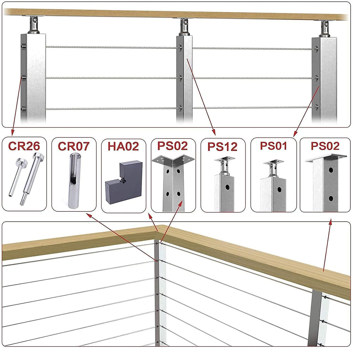 3.3ft Aluminum Cable Railing Handrail with Red Oak Wood Grain Bracket Hardware I510904