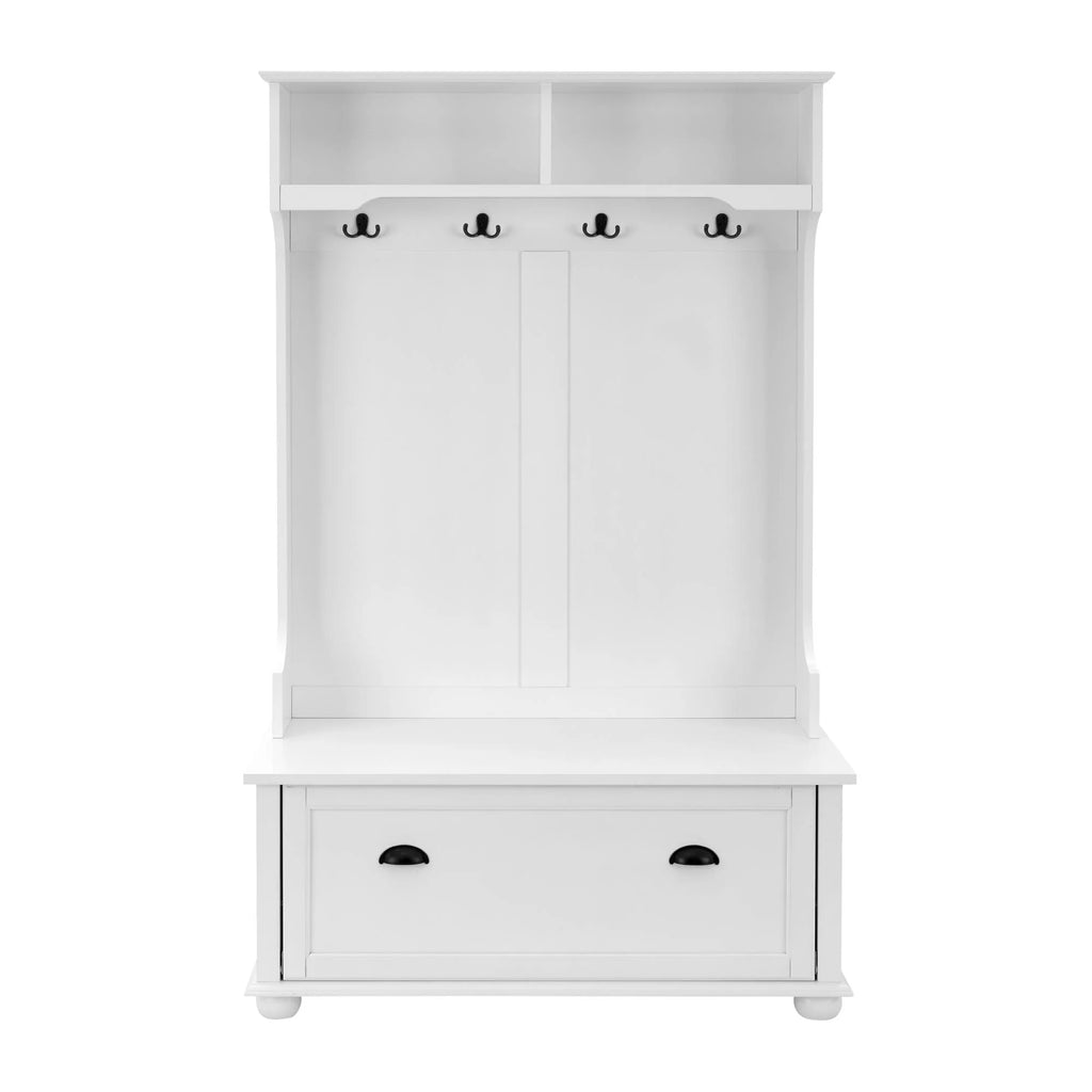 White Hall Tree Bench with Coat Rack and Shoe Cabinet A461