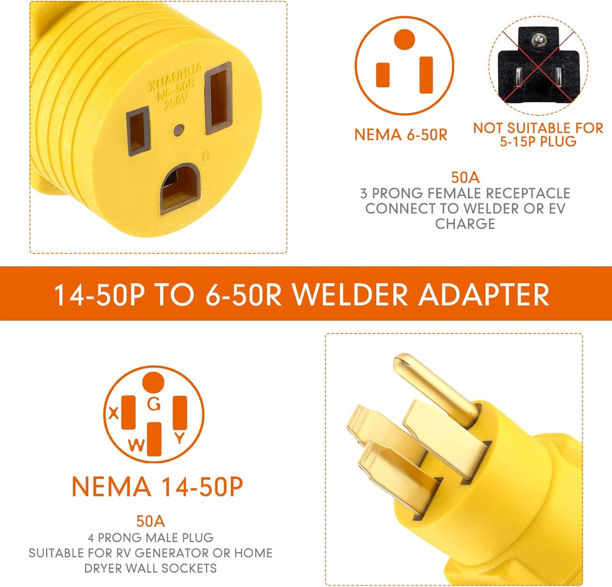 Welder Adapter, NEMA 14-50P Male to 6-50R Female, 50 Amp 4 Prong to 3 Prong I330202