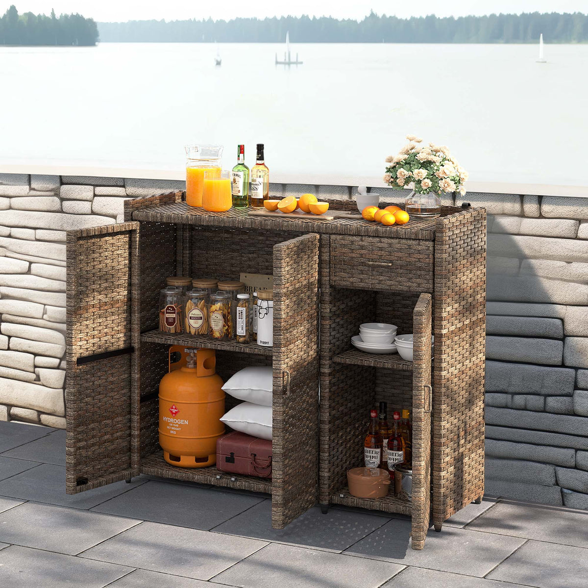 Brown Rattan Wicker Storage Cabinet with 2 Doors M10514