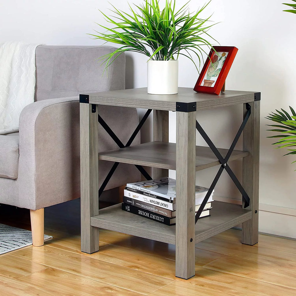 Set of 2 Rustic End Table with Storage Shelf G7103