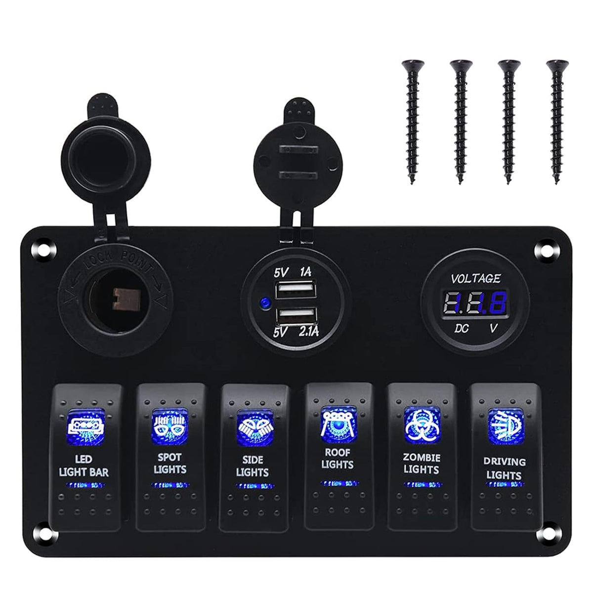 Waterproof Rocker Marine Switch Panel with USB, Blue LED, Pack of 2 W731