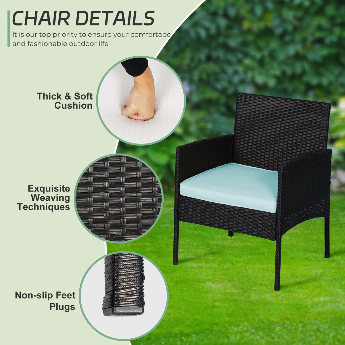 4 Piece Wicker Patio Conversation Set with Glass-Top Coffee Table & Gray Cushions U2053