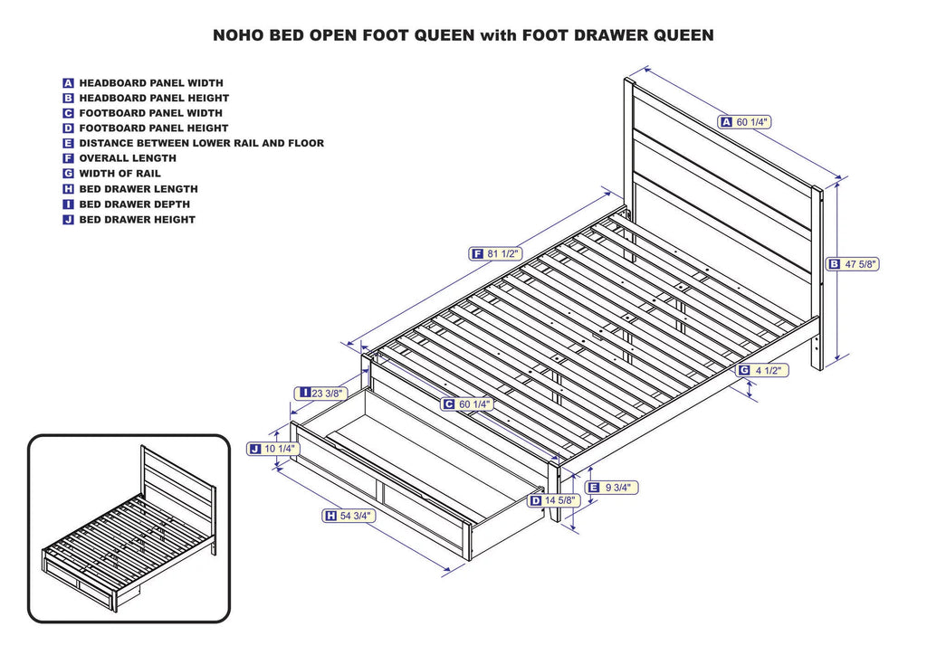 14" Queen Wood Platform Bed Frame with Foot Drawer Storage H7435