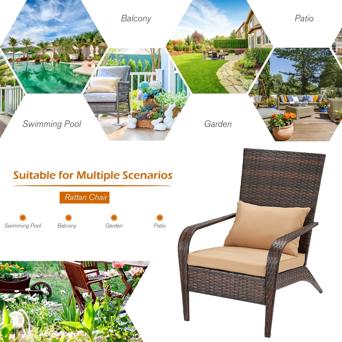 High Back Wicker Outdoor Dining Chairs with Cushion and Pillow in Gray K147078