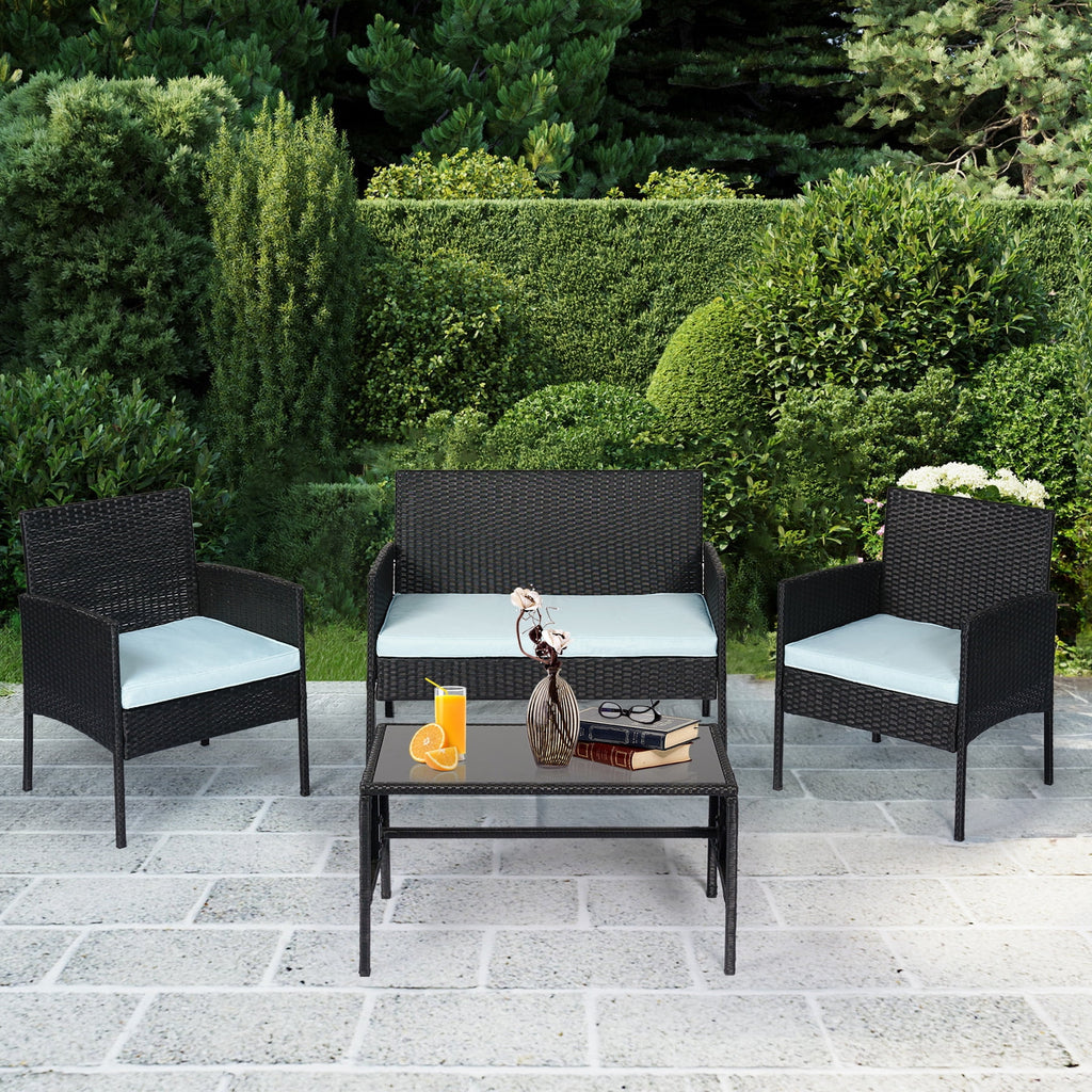 4 Piece Wicker Patio Conversation Set with Glass-Top Coffee Table & Gray Cushions U2053