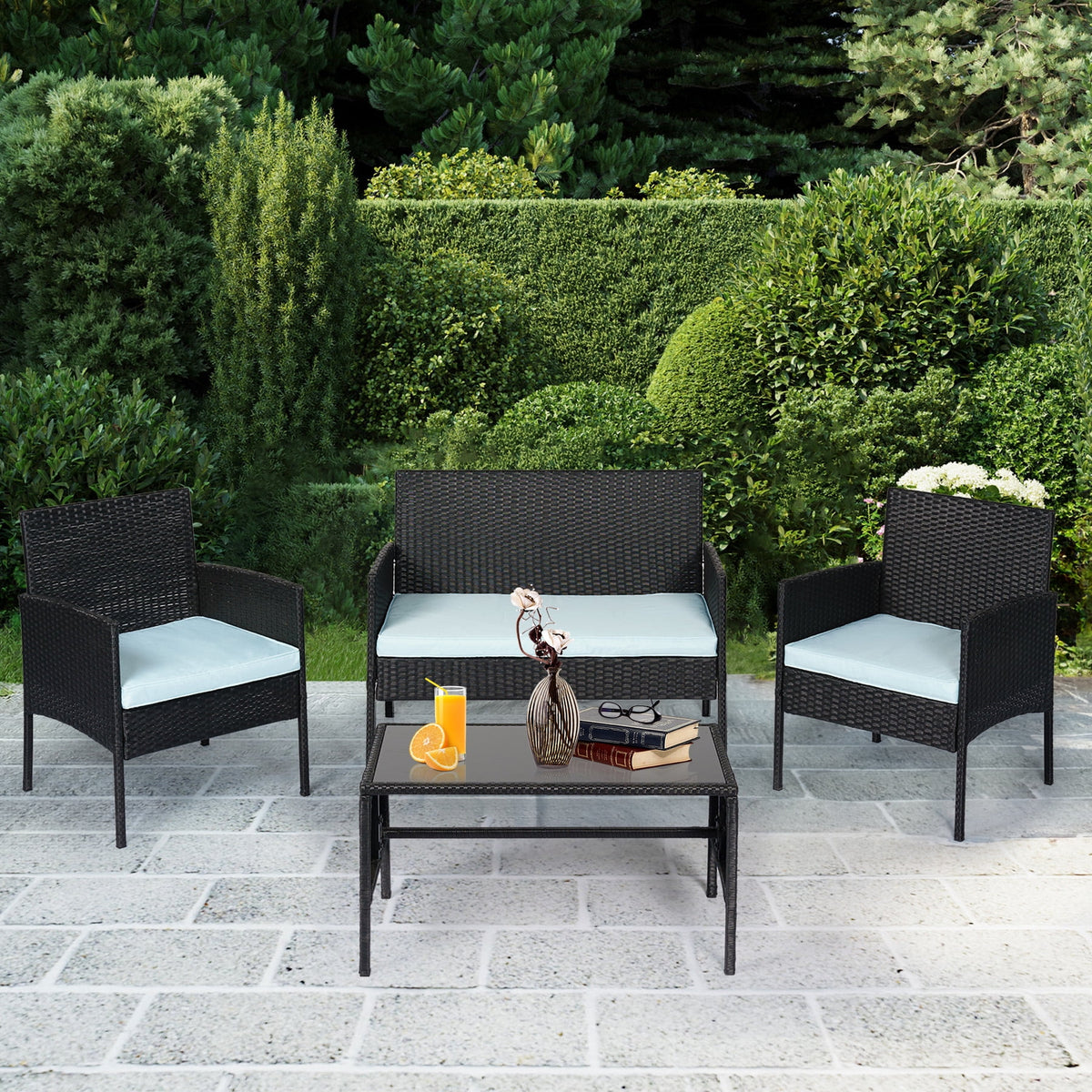 4 Piece Wicker Patio Conversation Set with Glass-Top Coffee Table & Gray Cushions U2053