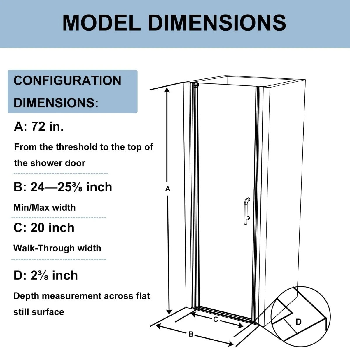 24-25.5 W x 72 H Black Hinged Pivot Clear Glass Shower Door U632