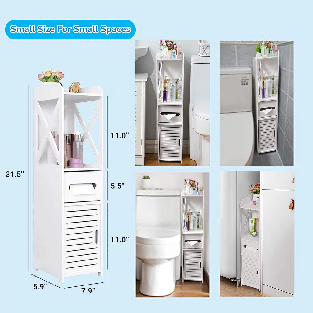 White 4 Tier Bathroom Storage Cabinet with 1 Door and 3 Shelves V830867