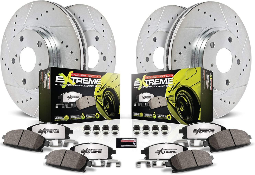 Front and Rear Carbon Fiber Brake Pads with Drilled & Slotted Brake Rotors Kit F190