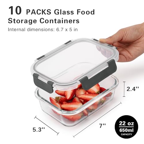 10 Pack 22 Oz Glass Meal Prep Containers with Lids, Gray A668