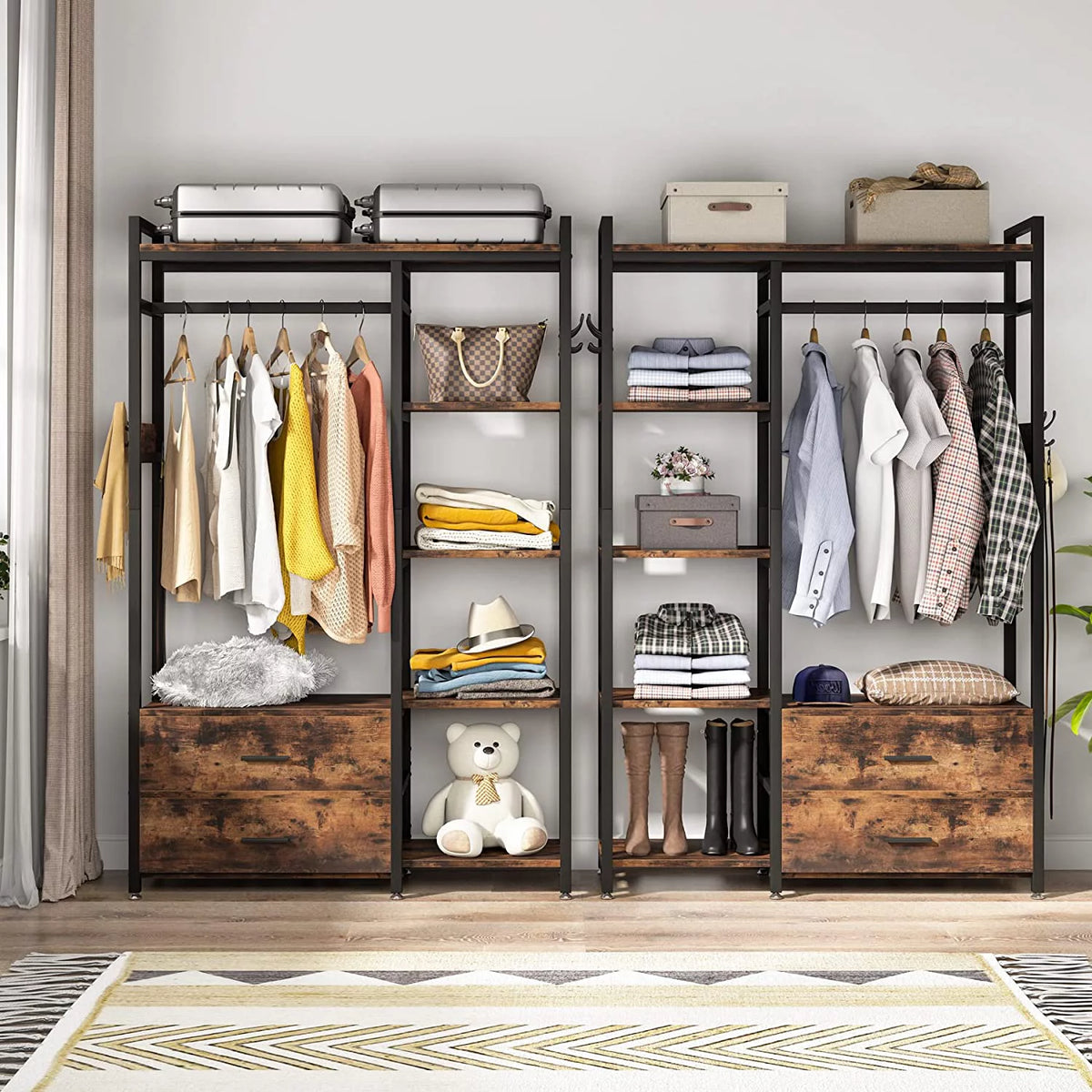 Freestanding Clothes Rack with Drawers and Shelves, Rustic Brown X461