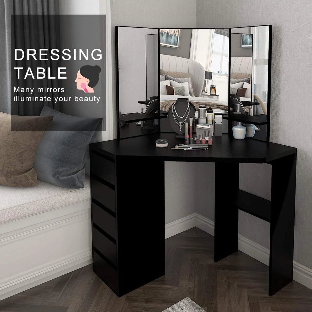 Black 5 Drawer Vanity Table with Three-Fold Mirror W848