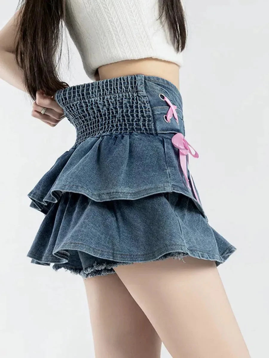 Ribbon Lace Up Ruffle Mini Skirt E989811