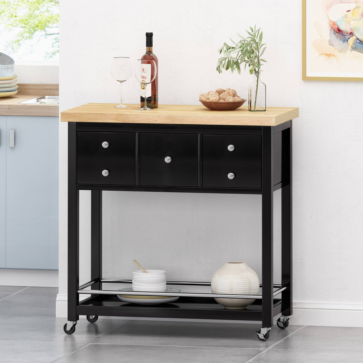 White Natural Kitchen Cart with Wheels N191004