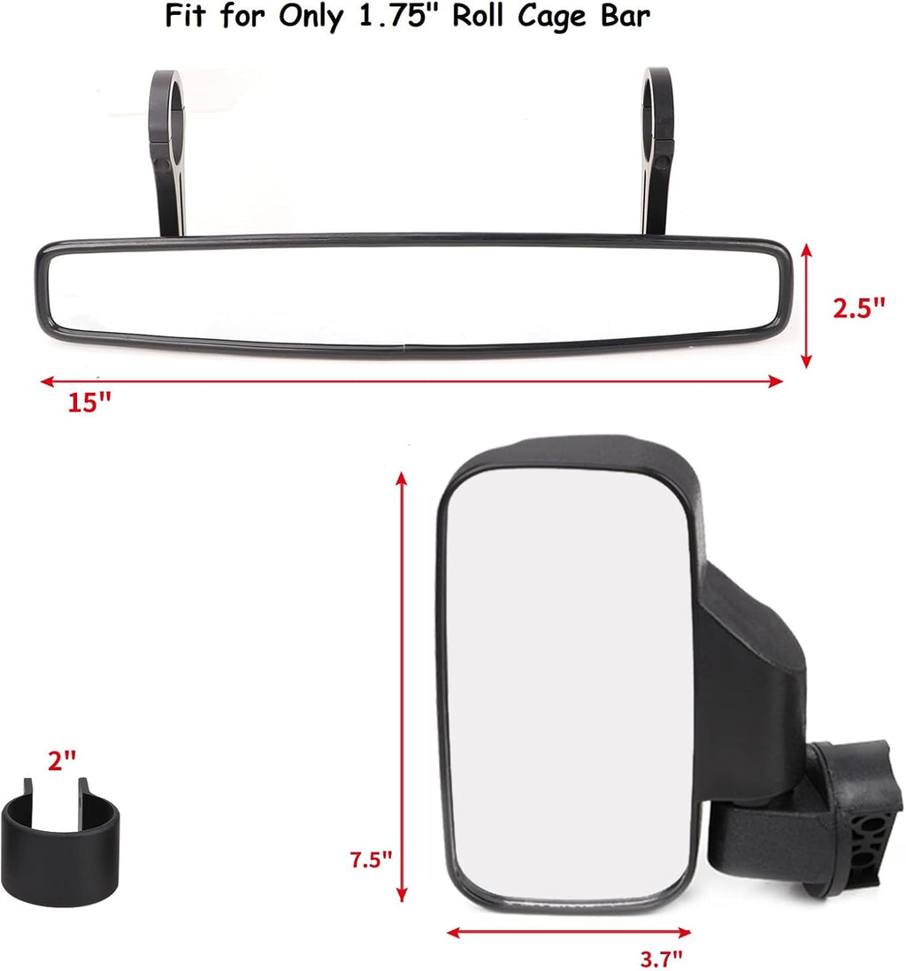 UTV Side Rear View Mirrors and Center View Mirror for 1.75” Roll Bar Mount E9816