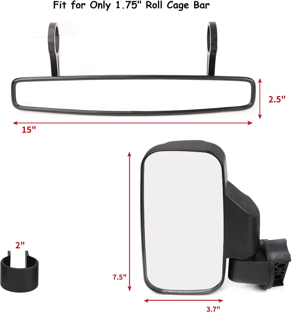 UTV Side Rear View Mirrors and Center View Mirror for 1.75” Roll Bar Mount E9816