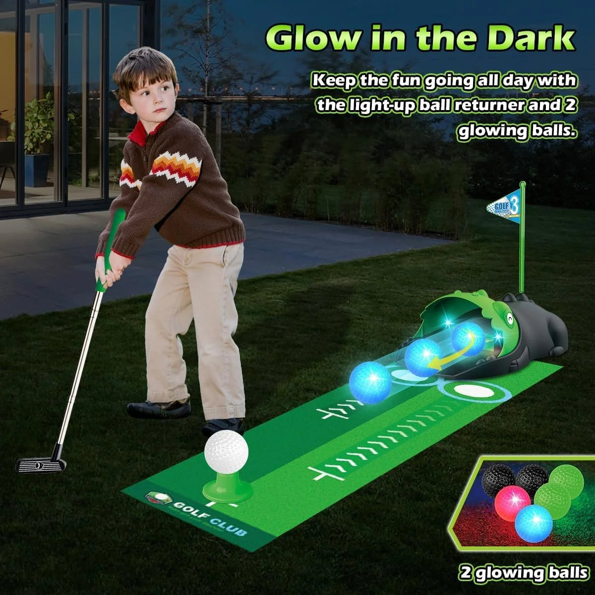 Kids Toy Golf Set with Dinosaur Automatic Golf Returner, Putting Mat, Indoor Outdoor Sports Toys O476