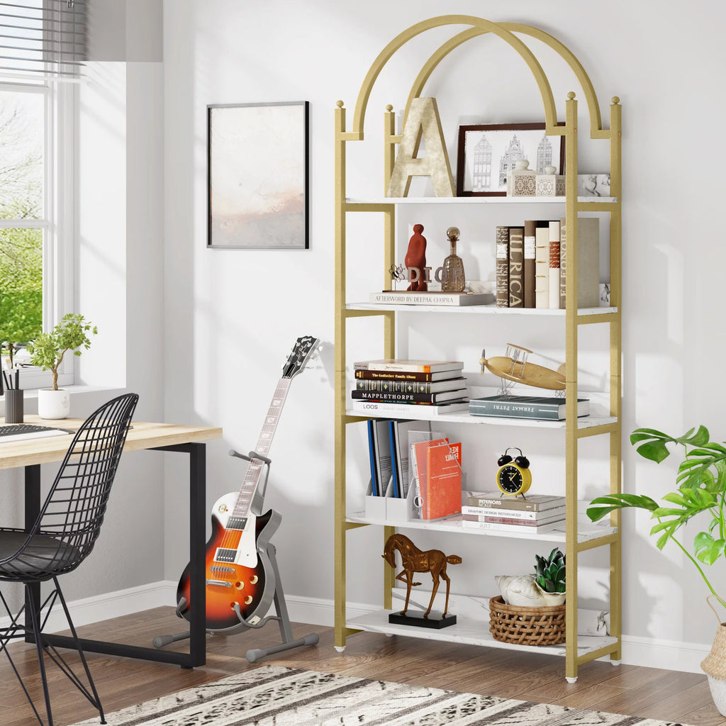 72.4 inch Tall Gold Metal 5 Shelf Arched Bookcase K8421