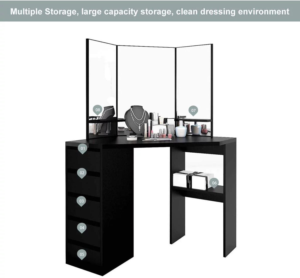 Black 5 Drawer Vanity Table with Three-Fold Mirror W848