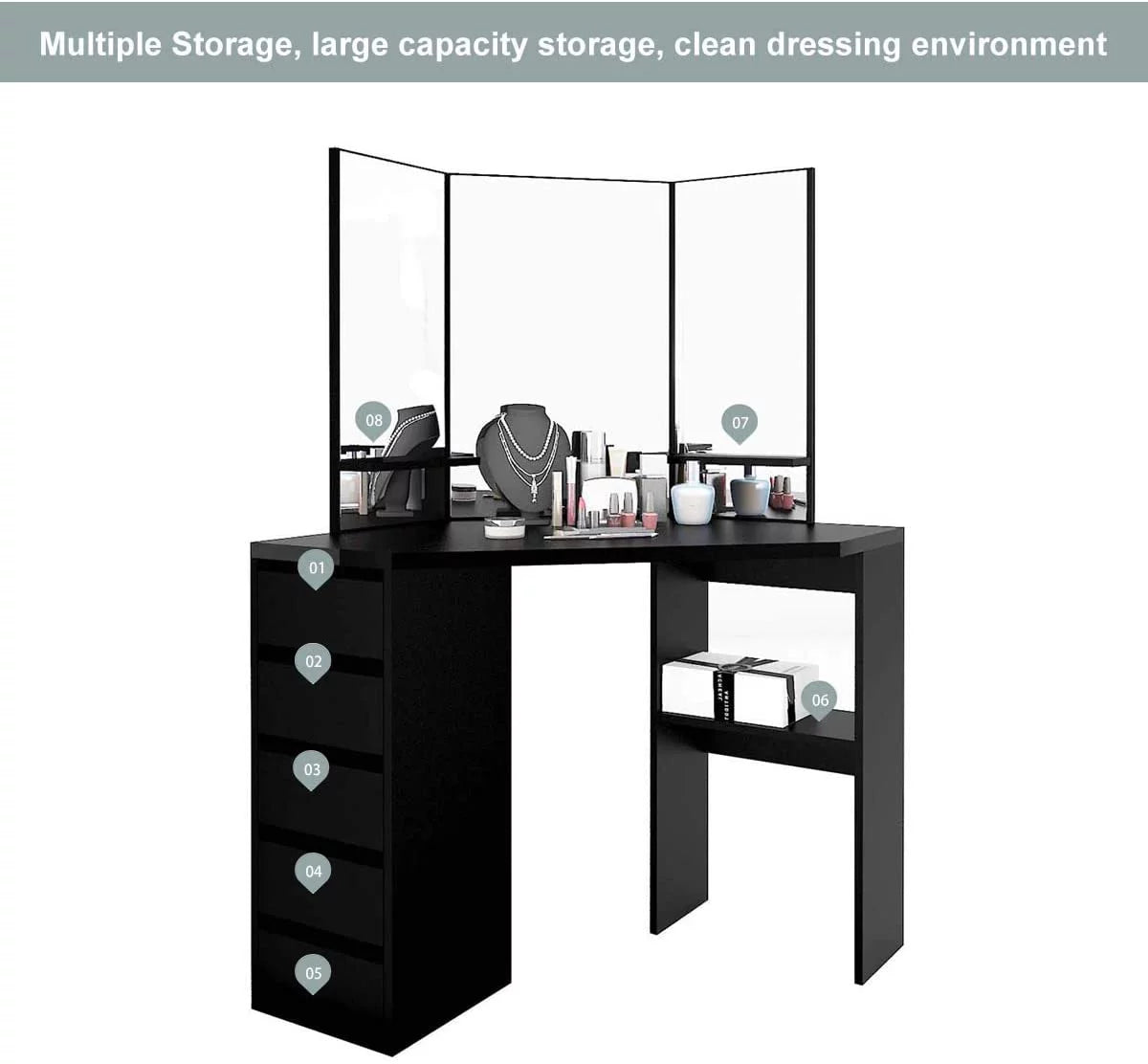 Black 5 Drawer Vanity Table with Three-Fold Mirror W848