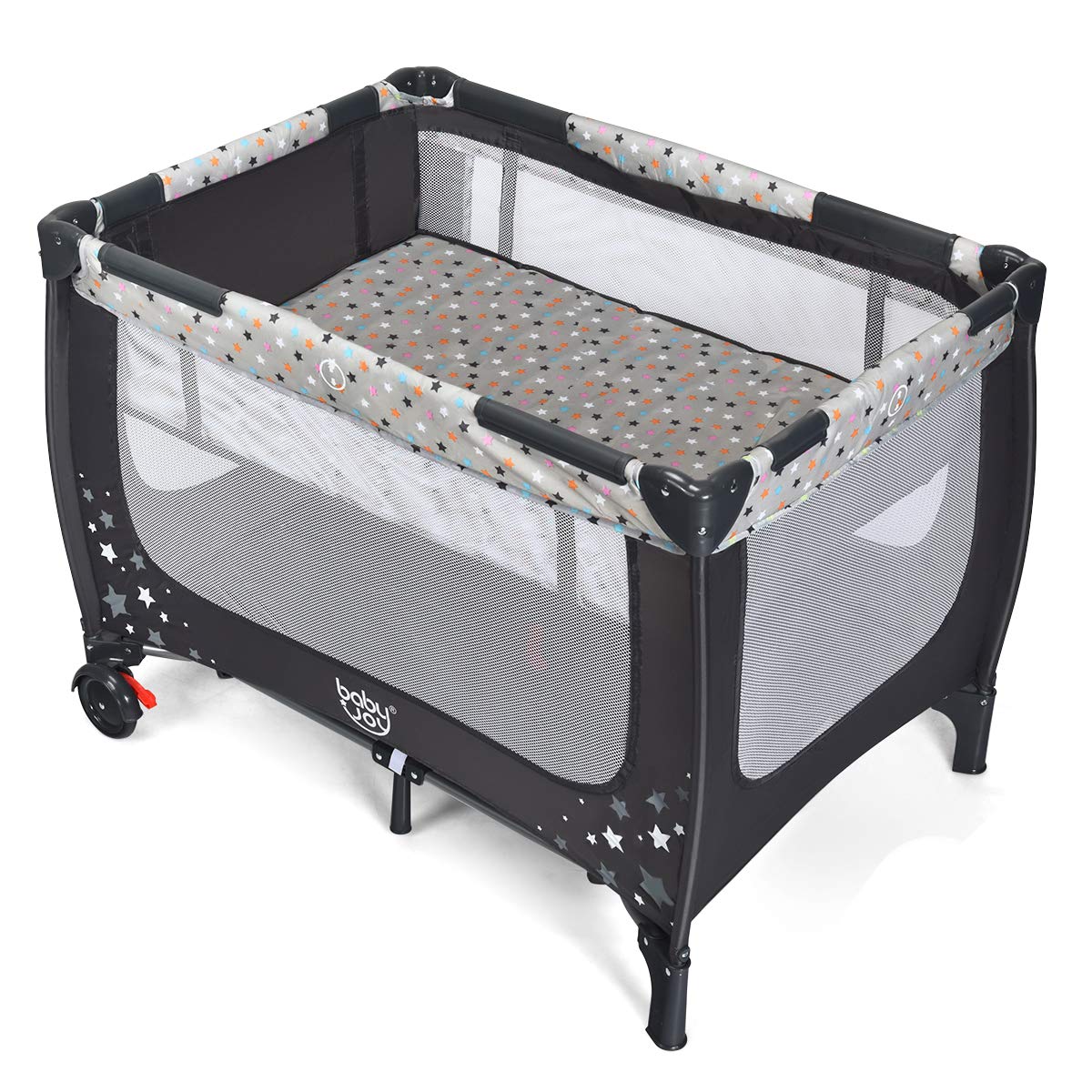 Pack and Play Foldable Baby Playard with Bassinet Travel Baby Crib Gray R5097