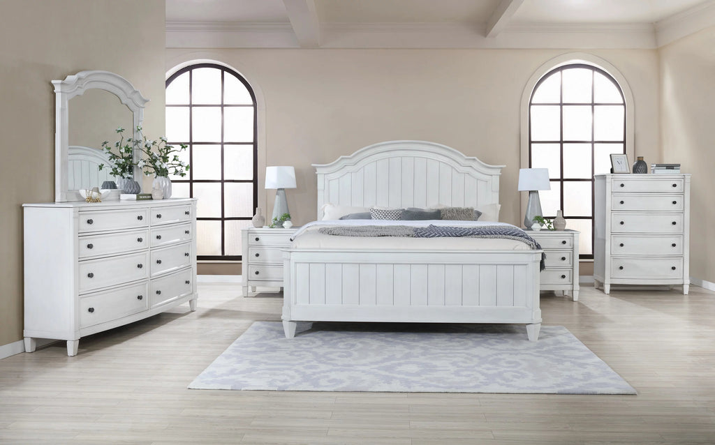 Wood King Bed with Dresser, Mirror, Two Nightstands, and Chest S815