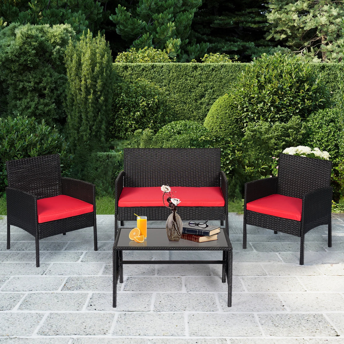 4 Piece Wicker Patio Conversation Set with Glass-Top Coffee Table & Gray Cushions U2053