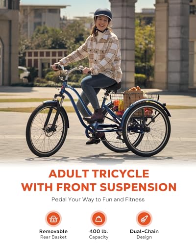 24 26 Inch 7 Speed Adult Tricycle with Front Suspension and Removable Basket J850