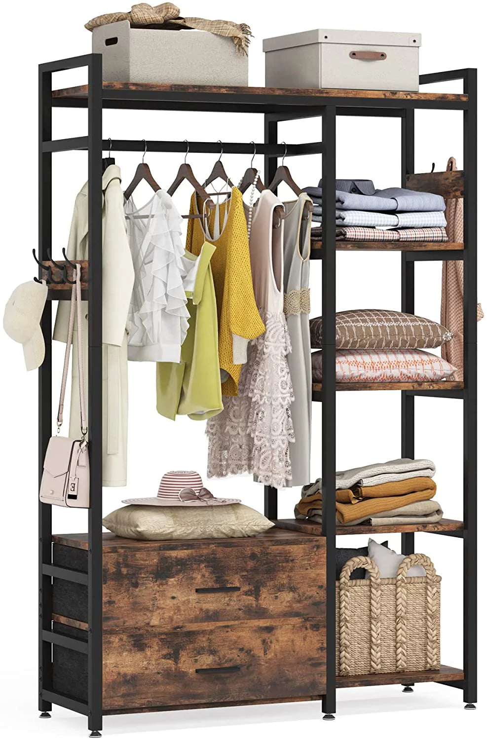 Freestanding Clothes Rack with Drawers and Shelves, Rustic Brown X461