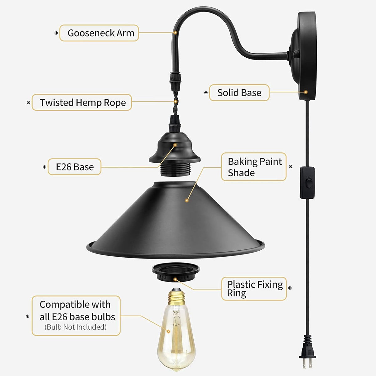 Vintage Plug in Wall Sconces Set of 2 Metal Black Wall Mounted Light Fixture H489